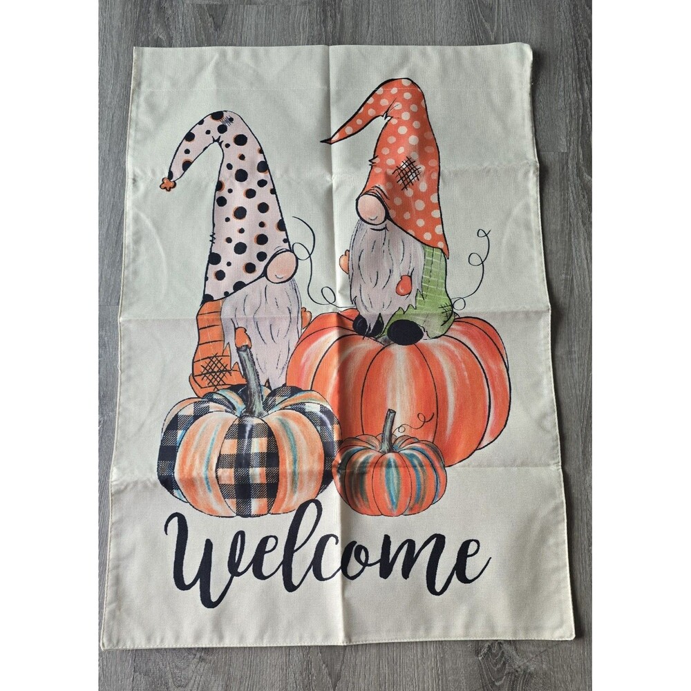Welcome Pumpkin Gnomes burlap Garden Flag Decor Yard Banner 38" x 27" LARGE NEW